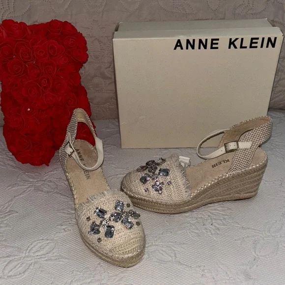 Anne Klein Cream Espadrille Wedges with Gem Accents - Picture 1 of 10